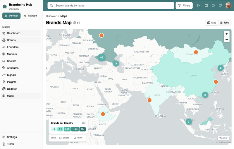 Brandmine Hub showing the interactive maps view with brand markers across the Global South